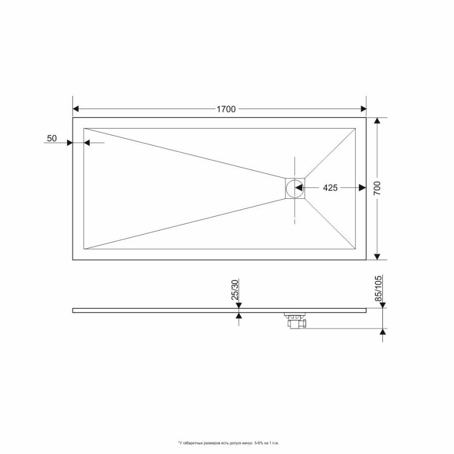 Душевой поддон  70*170*2,5 RGW ST-0177G Графит/Прямоуг Ø 90 мм Каменный