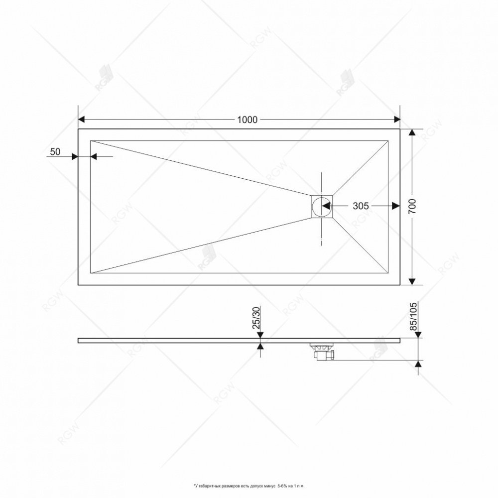Душевой поддон RGW ST-0107G 70 x 110 см, прямоугольный, из искусственного камня, графит, 16152710-02