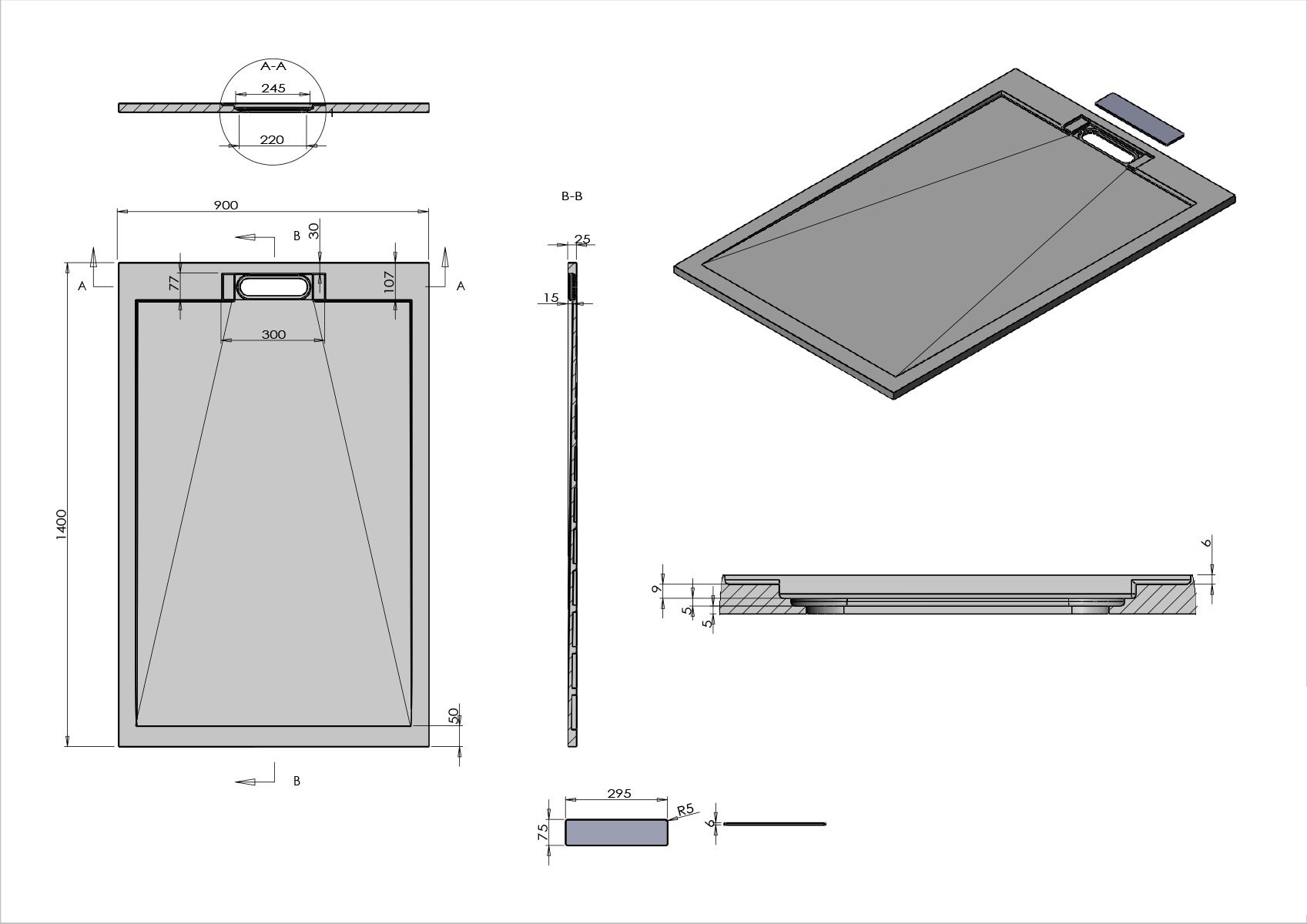 Поддон для душа из искусственного камня VST-4SRL9014W, 1400*900*25, белый матовый