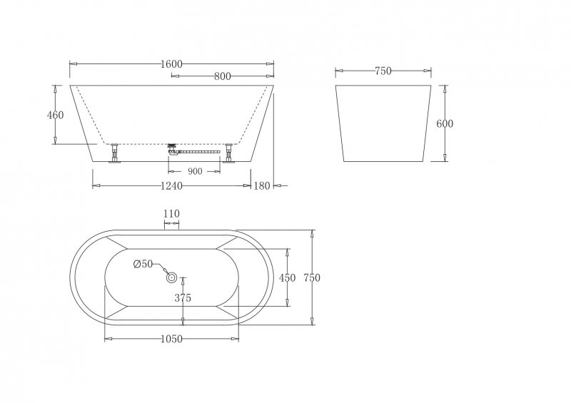 Акриловая ванна без перелива BELBAGNO BB71-1700-W0, 1700x800x600