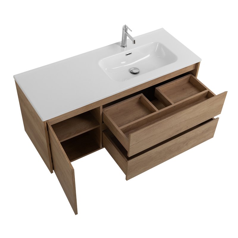 Тумба с раковиной подвесная с двумя ящиками и одной дверцей BelBagno KRAFT 120 Rovere Tabacco левая, раковина белая