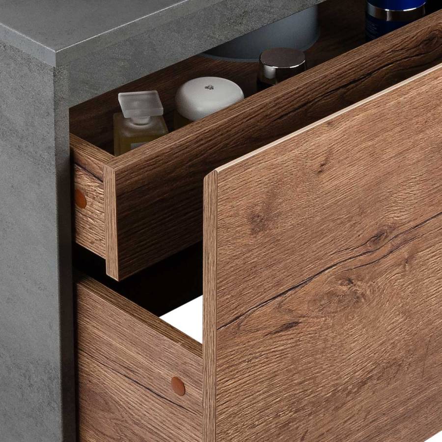 База под накладную раковину Mesa 800 подвесная, 1 выкатной/1 скрытый ящик soft close, T.Oak + Beton