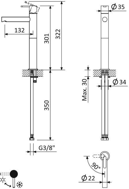 LEAF-LC1-L-01-W0 Смеситель для накладной раковины однорычажный, без донного клапана, исполнение Хром