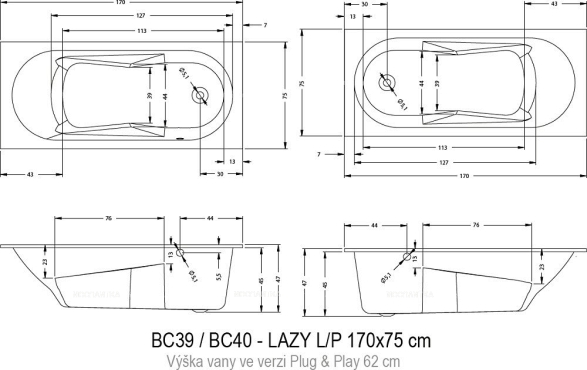 Акриловая ванна Riho Lazy 170x75 см L Plug&Play