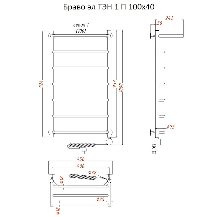 Полотенцесушитель Браво эл ТЭН 1 П 100*40 (ЛЦ4)