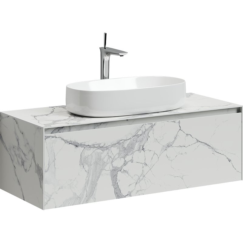 Тумба подвесная SANCOS Stone из керамогранита с одним выдвижным ящиком и столешницей из керамогранита 1200х400х495, керамогранит Statuario white, арт. ST120SV