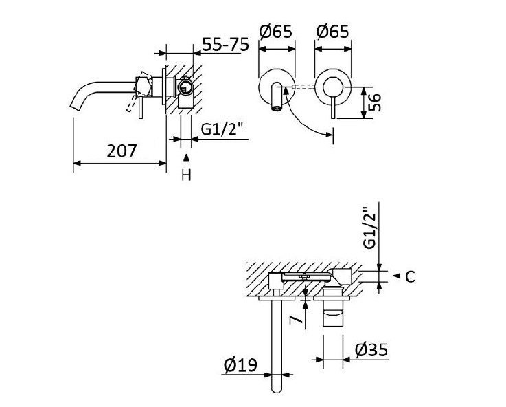 LEAF-BLI2-20-L-NOP Смеситель для раковины встраиваемый однорычажный, на два отверстия, длина излива 20 см, исполнение Чёрный матовый