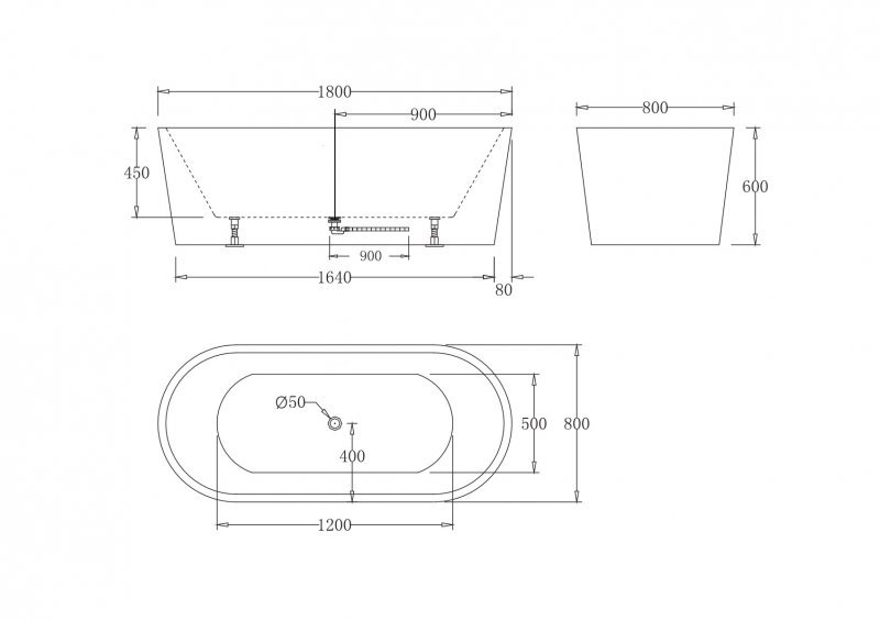 Акриловая ванна без перелива BELBAGNO BB71-1700-W0, 1700x800x600
