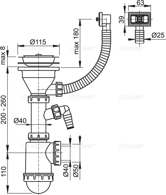 Сифон для мойки с нержавеющей peшeткой DN115, гофропереливом и штуцером