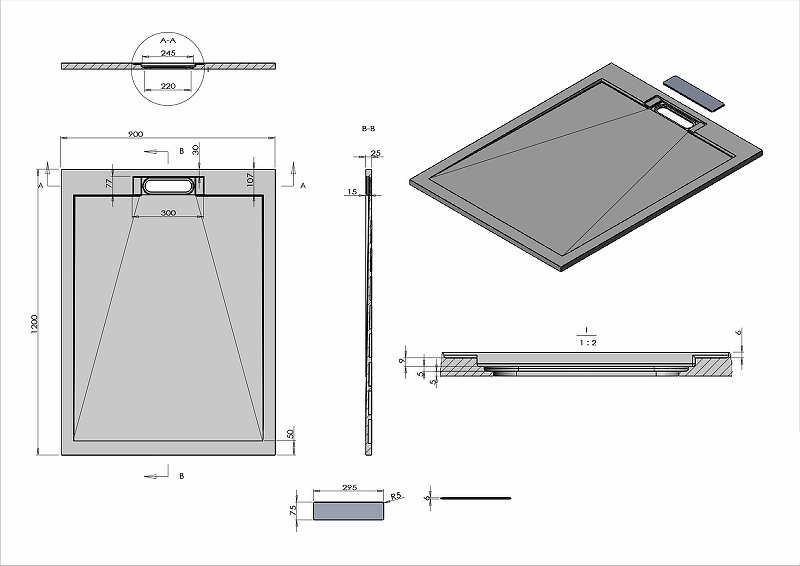 Поддон для душа из искусственного камня VST-4SRL9012G, 900*1200*25, серый