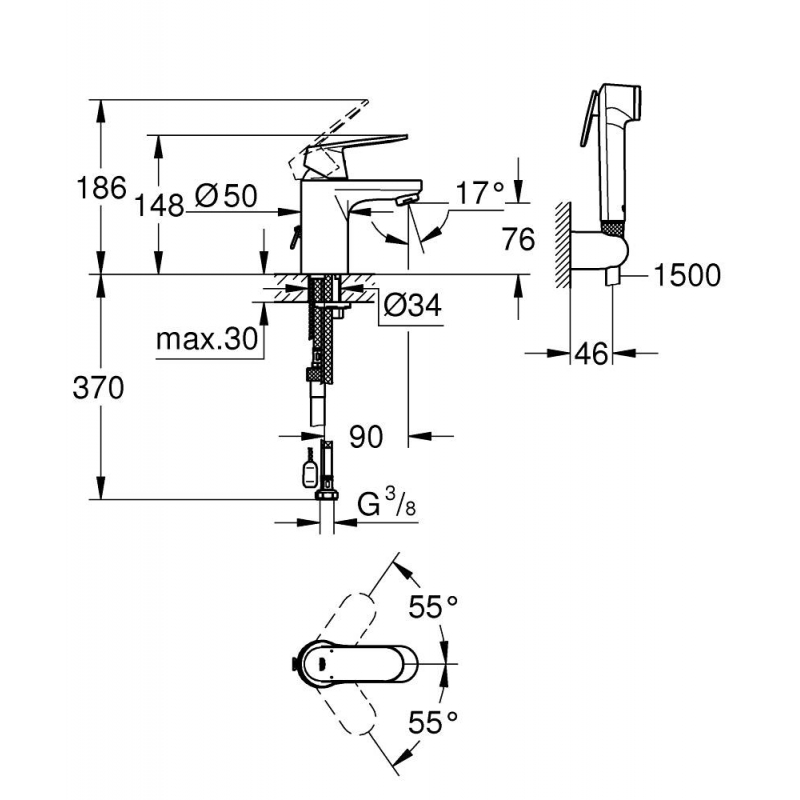 Смеситель для раковины с душем Grohe Eurosmart Cosmopolitan 23125000 хром