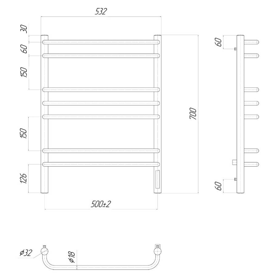 Полотенцесушитель электрический Lemark Luna LM41707Z П7 500x700, диммер справа, хром