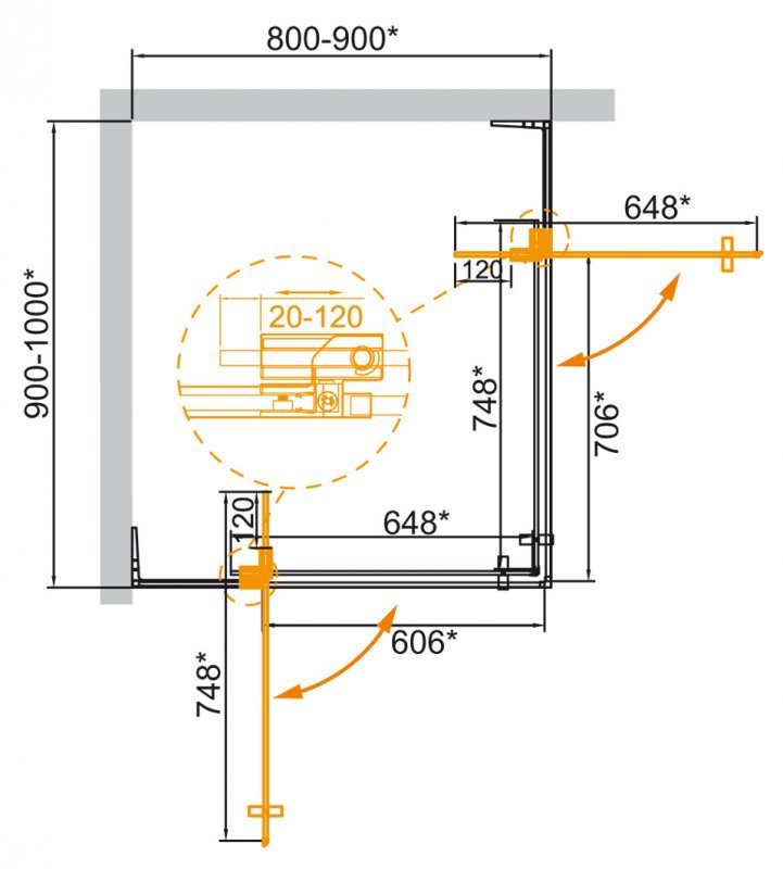 SLIDER-AH-2-70/80-80/90-C-BORO Душевой уголок, Условный размер, мм:(700-800)x(800-900)x1950 Габариты с диапазоном регулировок, мм:(700-800)x(800-900)x1950 