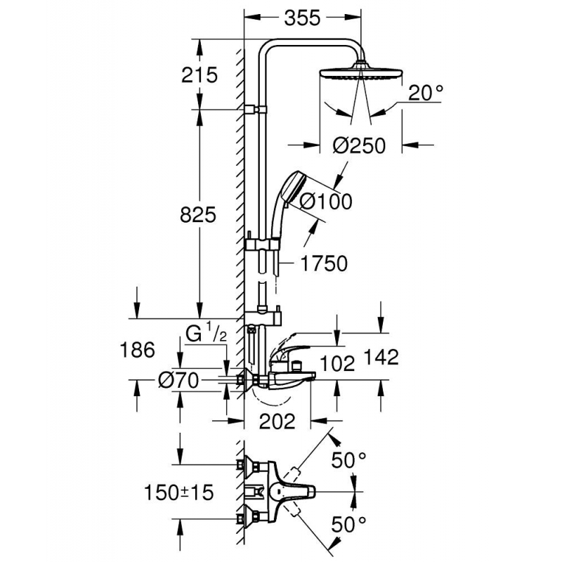 Душевая система со смесителем, с изливом Grohe Tempesta Cosmopolitan 250, хром / белый (26674000)
