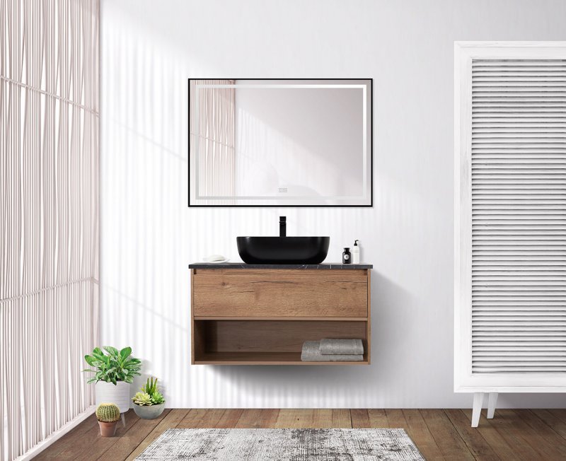 Тумба c раковиной подвесная с одним ящиком и одной открытой полкой BelBagno KRAFT 80 Pino Pasadena, раковина белая