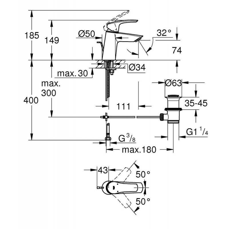 Смеситель для раковины Grohe Eurosmart S-size 23965003 хром, с донным клапаном