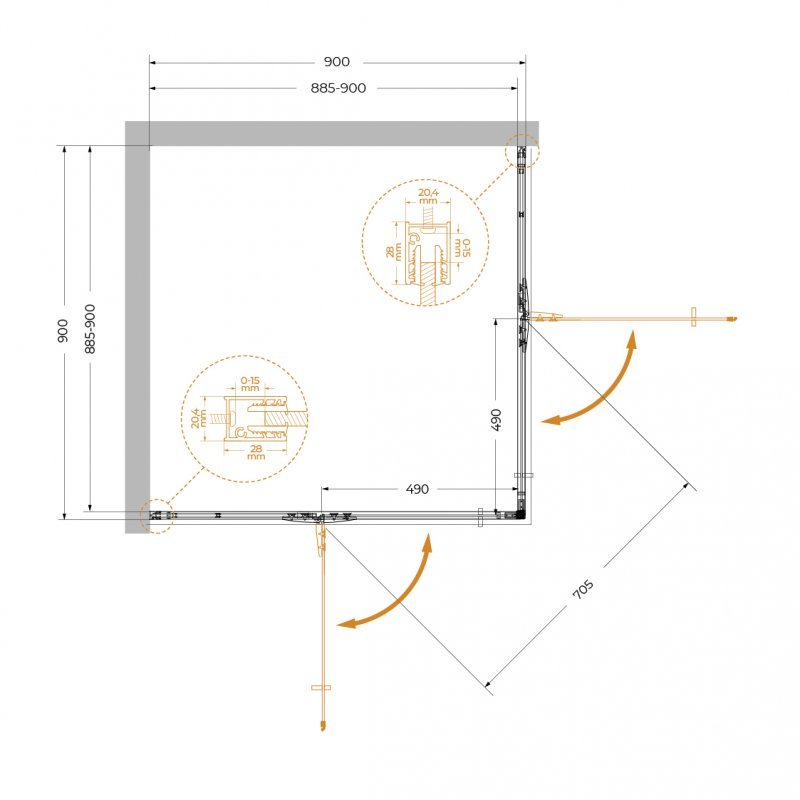 LINER-A-2-100-C-Cr Душевой уголок, Условный размер, мм:1000x1000x1950 Габариты с диапазоном регулировок, мм:(985-1000)x(985-1000)x1950 