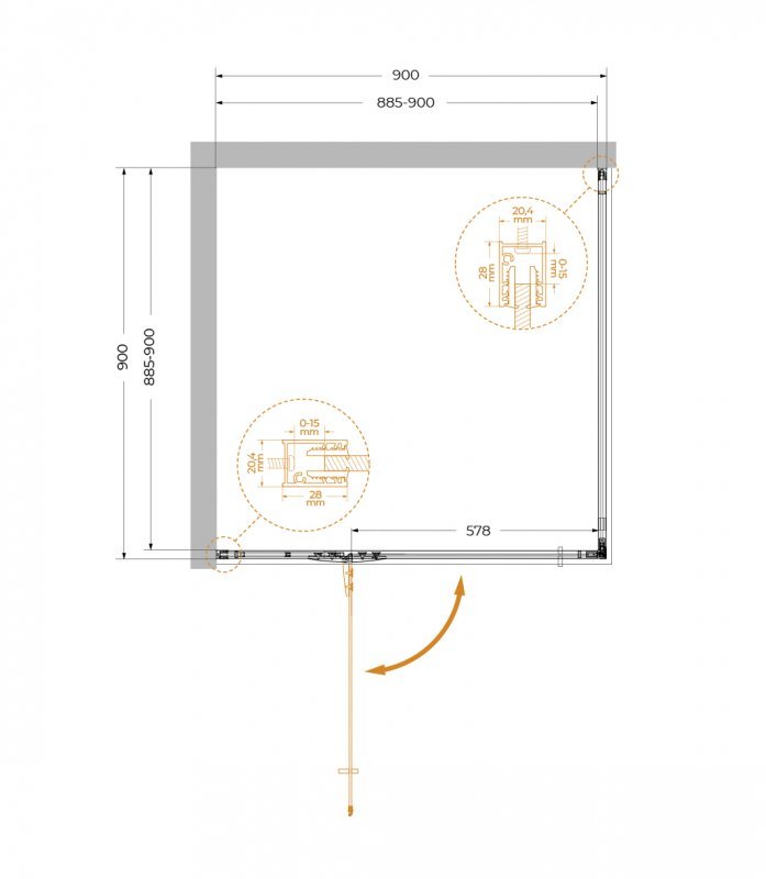 LINER-A-1-100-C-Cr-L Душевой уголок, Условный размер, мм:1000x1000x1950 Габариты с диапазоном регулировок, мм:(985-1000)x(985-1000)x1950 