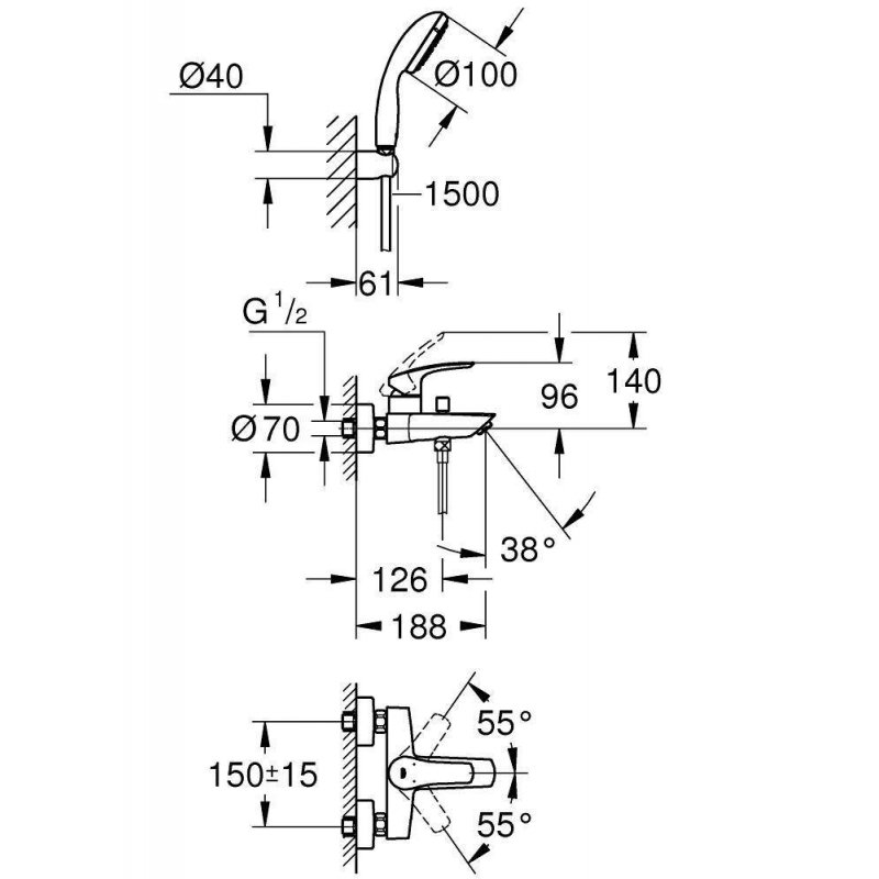 Смеситель для ванны с душевым гарнитуром Grohe Eurosmart 2021 (33302003)