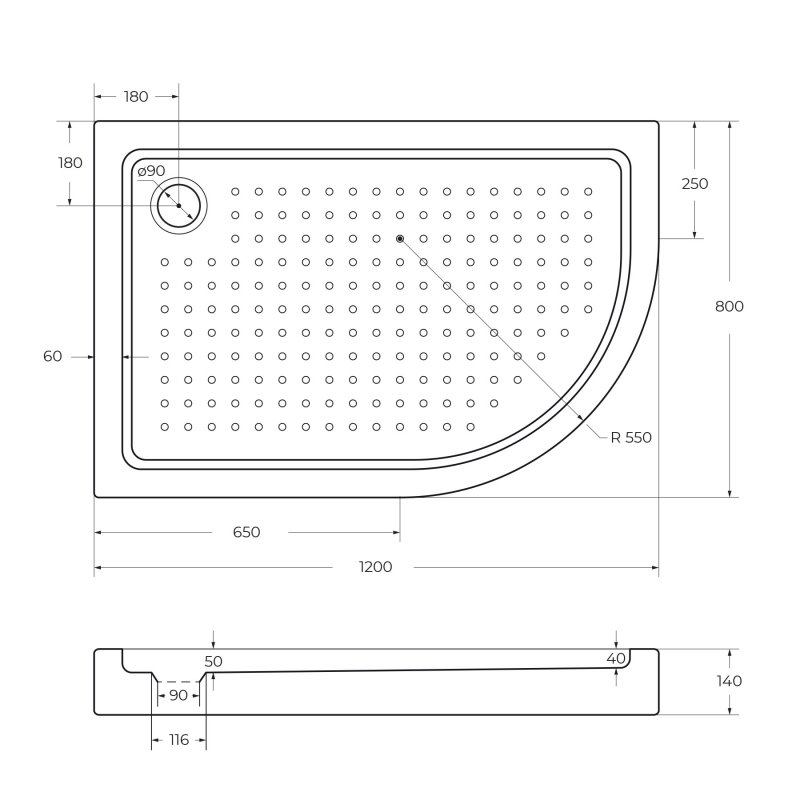 Акриловый поддон CEZARES TRAY-A-RH-120/80-550-15-W-R