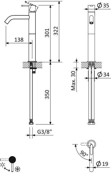LEAF-LC2-L-01-W0 Смеситель для накладной раковины однорычажный, без донного клапана, исполнение Хром