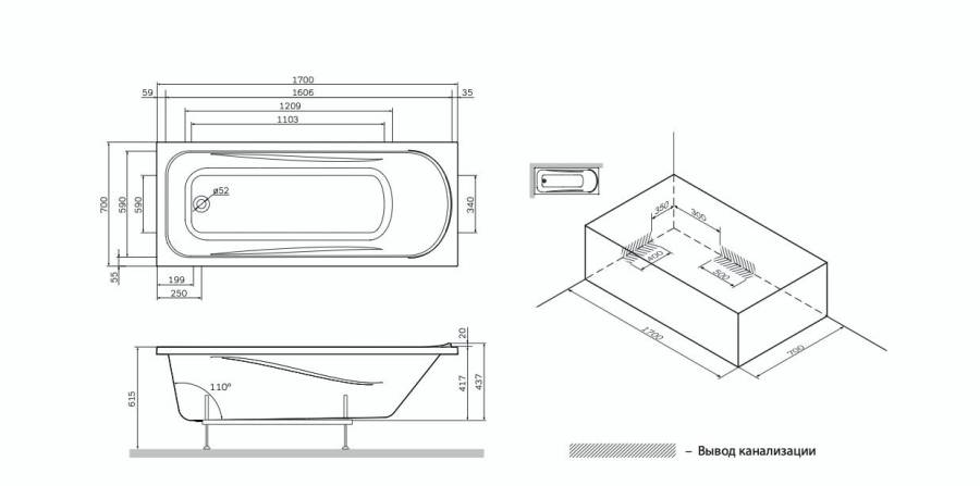 Акриловая ванна  Sense 170x70, каркас, слив-перелив, комплект