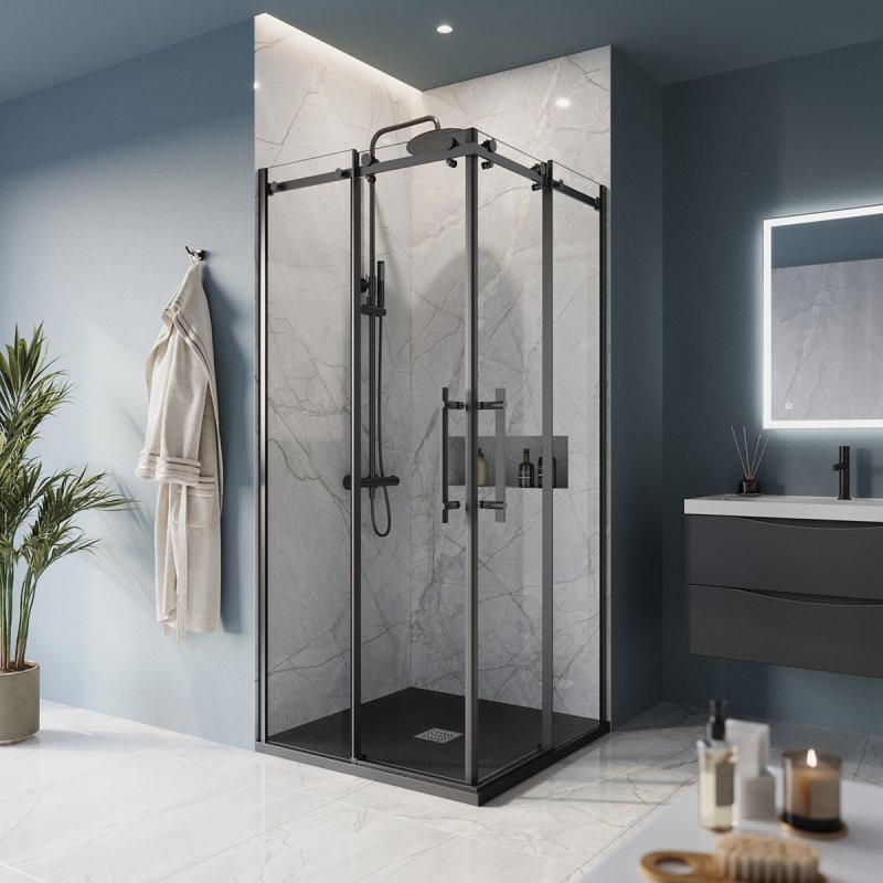 MARINO-A-2-90-C-NERO Душевой уголок, Условный размер, мм:900x900x1950 Габариты с диапазоном регулировок, мм:(885-900)х(885-900)x1950 