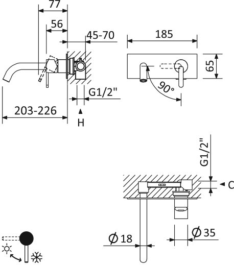 LEAF-BLI1-L-01-W0 Смеситель для раковины встраиваемый, однорычажный, излив и ручка на единой площадке, длина излива 23 см, исполнение Хром