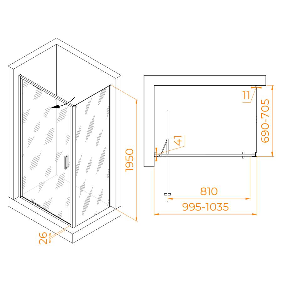 Душевой уголок 100* 70*195 RGW SV-145B (SV-05B + Z-050-2B) Прямоуг./Чёрный/Прозрачное/8 мм (Easy)
