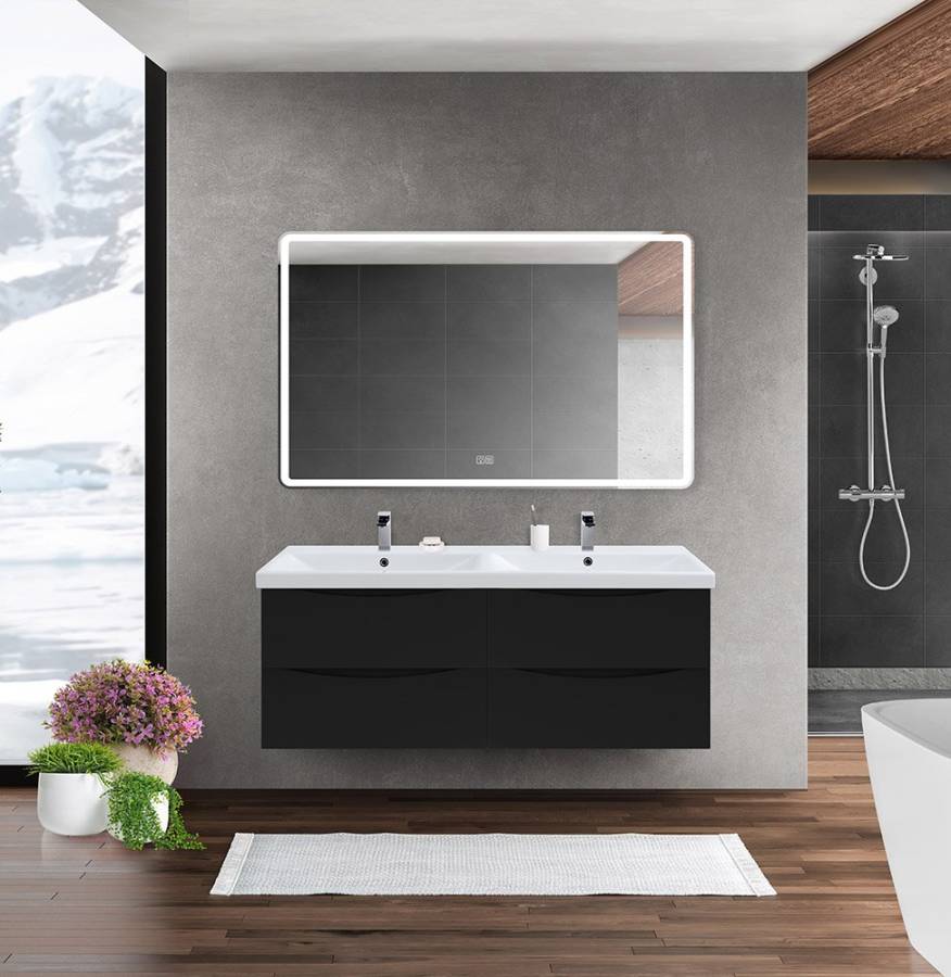Тумба с раковиной на две чаши четырьмя ящиками подвесная BelBagno MARINO-CER 120 Rovere Rustico, раковина белая