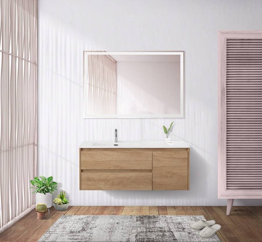 Тумба с раковиной подвесная с двумя ящиками и одной дверцей BelBagno KRAFT 120 Rovere Tabacco левая, раковина белая