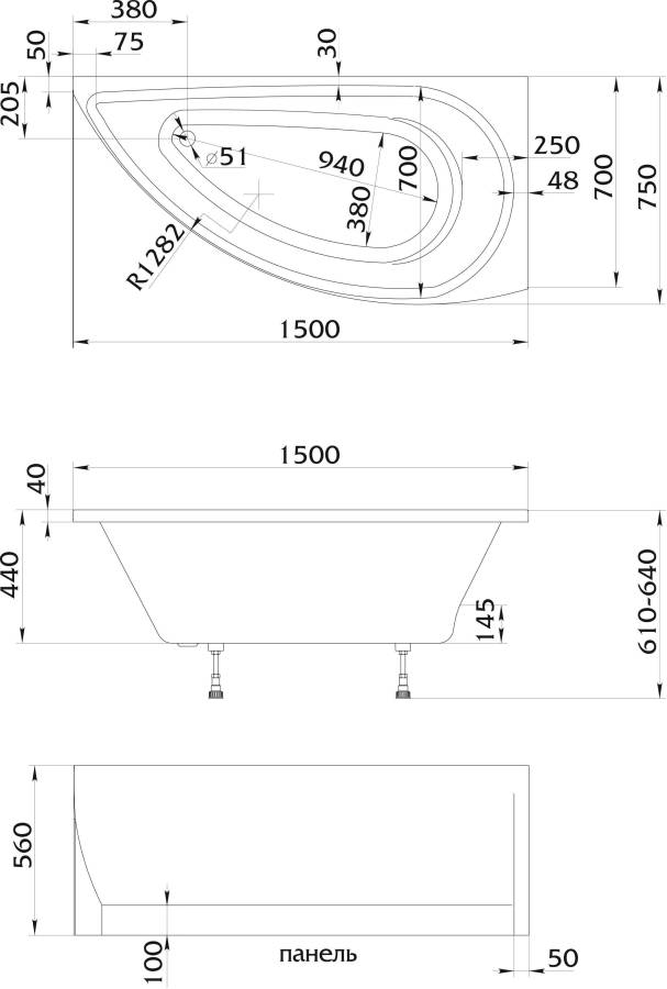 Акриловая ванна Creto Palermo 150х75 см правая 13-15075R