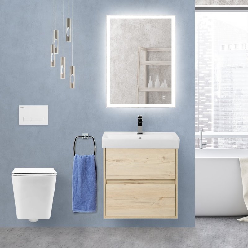 Тумба с раковиной подвесная с одним ящиком BelBagno NEON 50 Pino Bianco, раковина белая