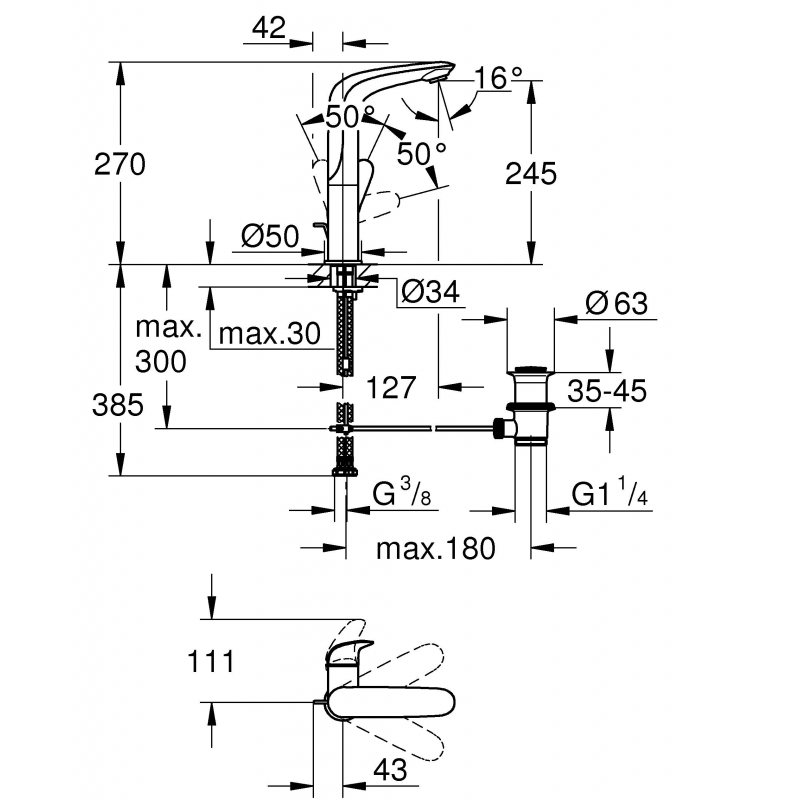 Смеситель для раковины GROHE Eurostyle с донным клапаном, хром (23718003)