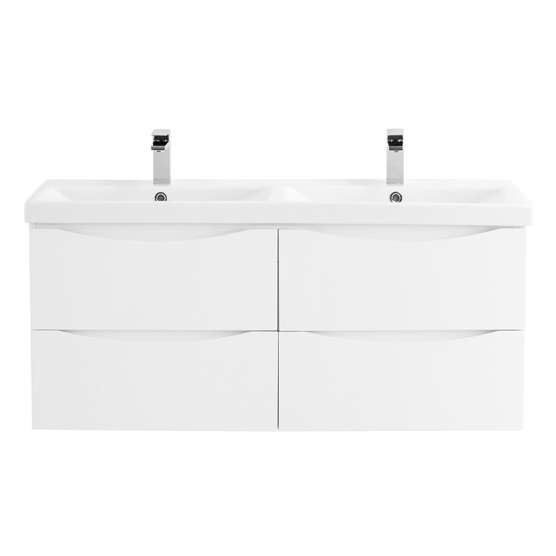 Тумба с раковиной на две чаши четырьмя ящиками подвесная BelBagno MARINO-CER 120 Bianco Lucido , раковина белая