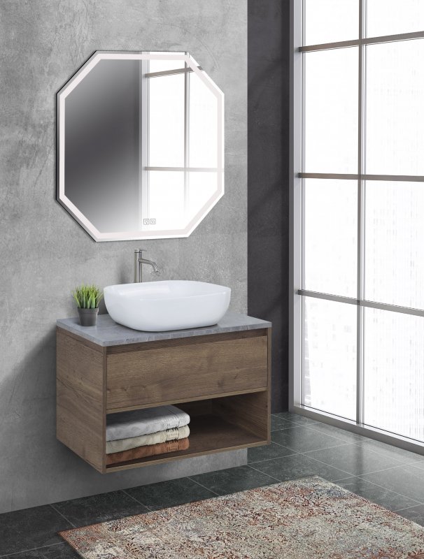 Тумба c раковиной подвесная с одним ящиком и одной открытой полкой BelBagno KRAFT 80 Pino Pasadena, раковина белая