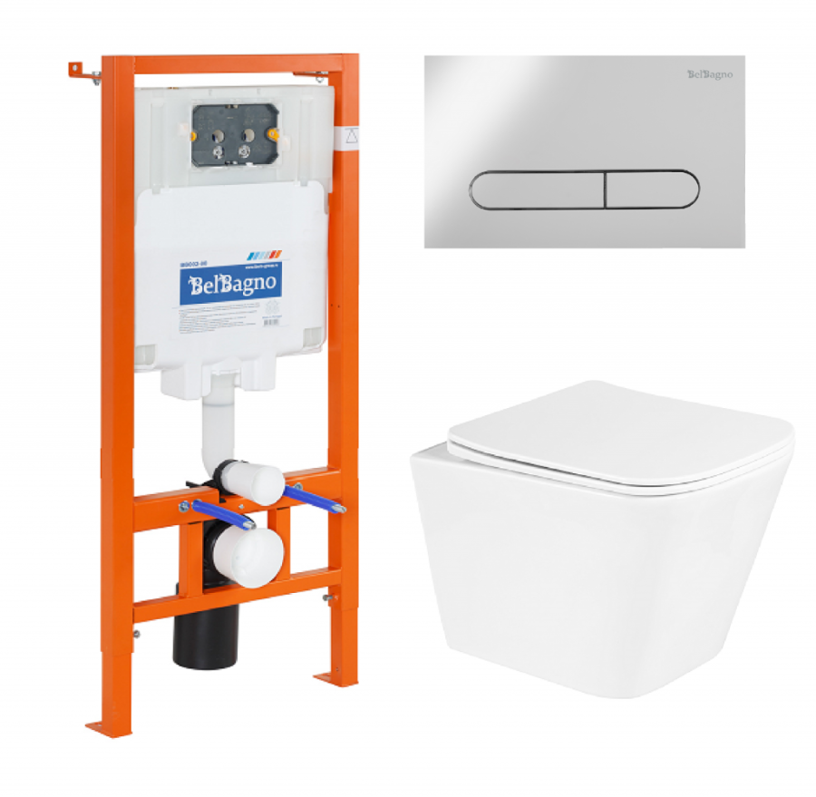 BB3103CHR/SC/BB002-80/BB014-SR-BIANCO Унитаз подвесной с сиденьем BelBagno DUE + Система инсталляции для унитазов с кнопкой смыва BB014-SR-BIANCO Исполнение: Белый 