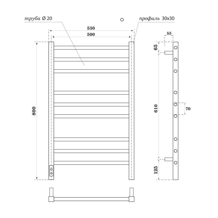 Полотенцесушитель электрический Point Веста PN70758GR П9 500x800, диммер слева, графит премиум