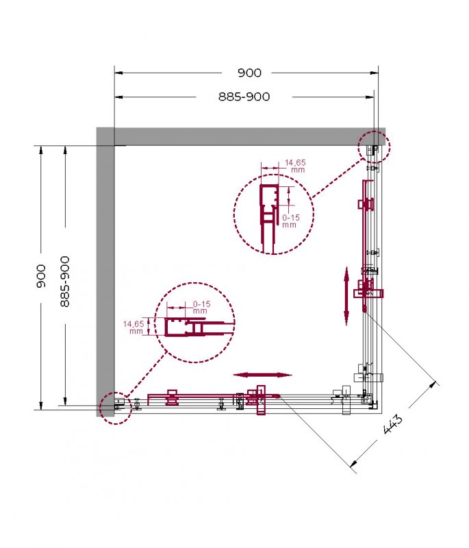 MARINO-A-2-90-C-NERO Душевой уголок, Условный размер, мм:900x900x1950 Габариты с диапазоном регулировок, мм:(885-900)х(885-900)x1950 
