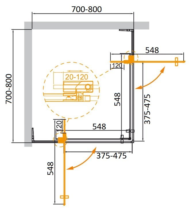 SLIDER-A-2-80/90-C-Cr  Душевой уголок, стекло прозрачное, профиль хром