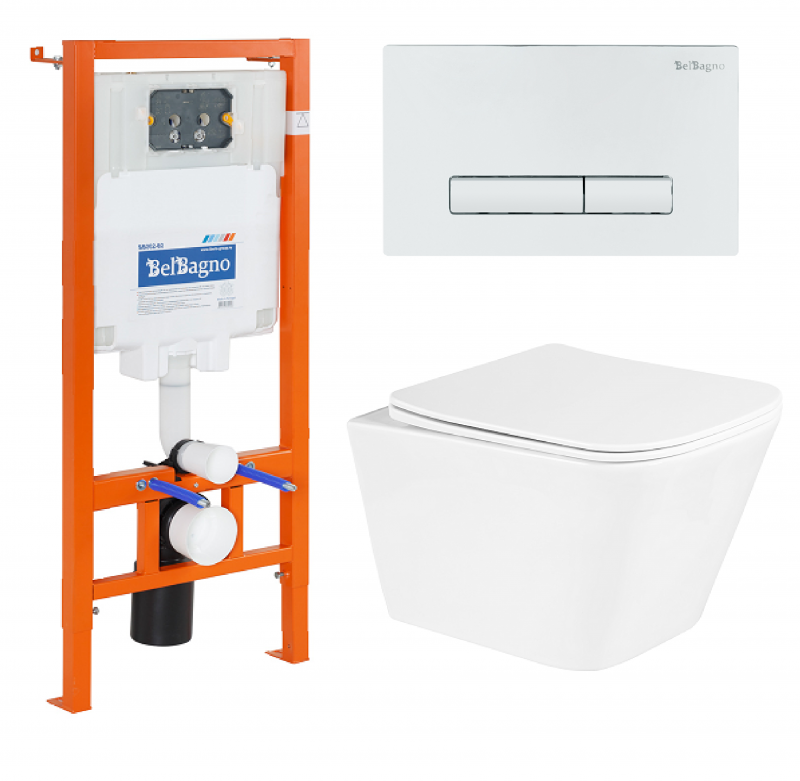 BB3103CHR/SC/BB002-80/BB014-SR-BIANCO Унитаз подвесной с сиденьем BelBagno DUE + Система инсталляции для унитазов с кнопкой смыва BB014-SR-BIANCO Исполнение: Белый 