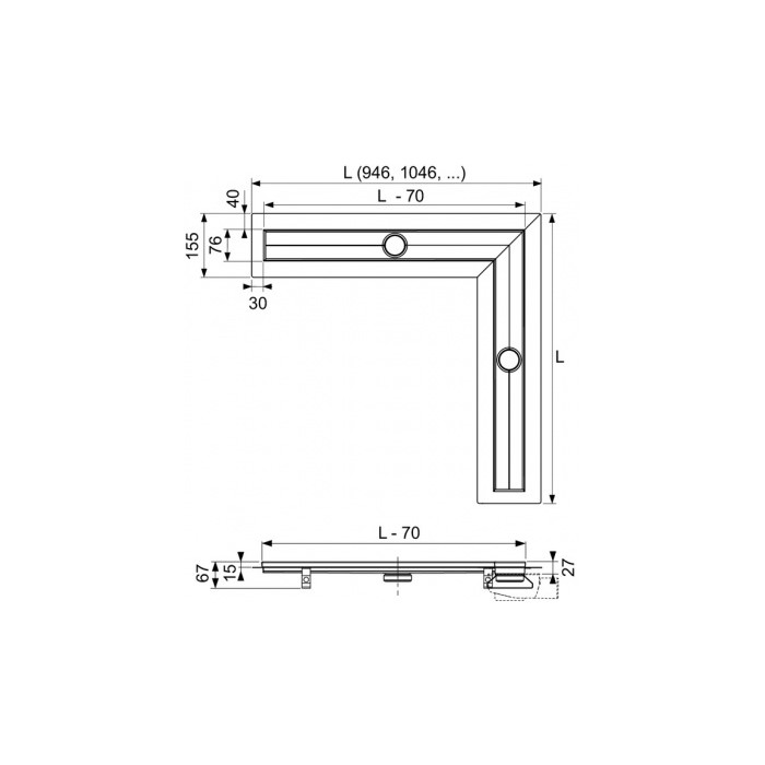 Угловой канал TECEdrainline с гидроизоляционной лентой Seal System, 1200 х 1200