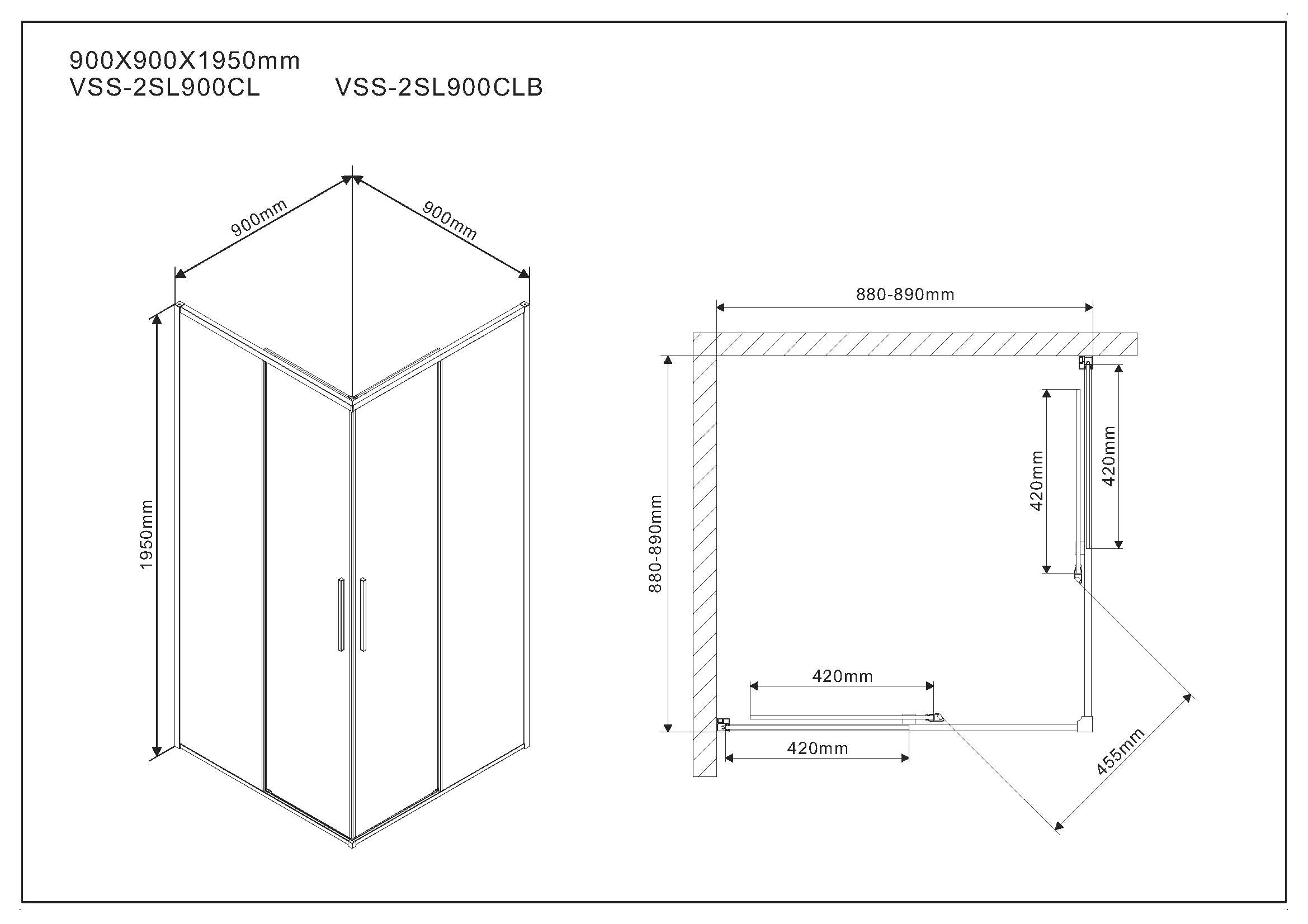 Душевой уголок Slim VSS-2SL900CLB, 900*900, матовый черный, стекло прозрачное