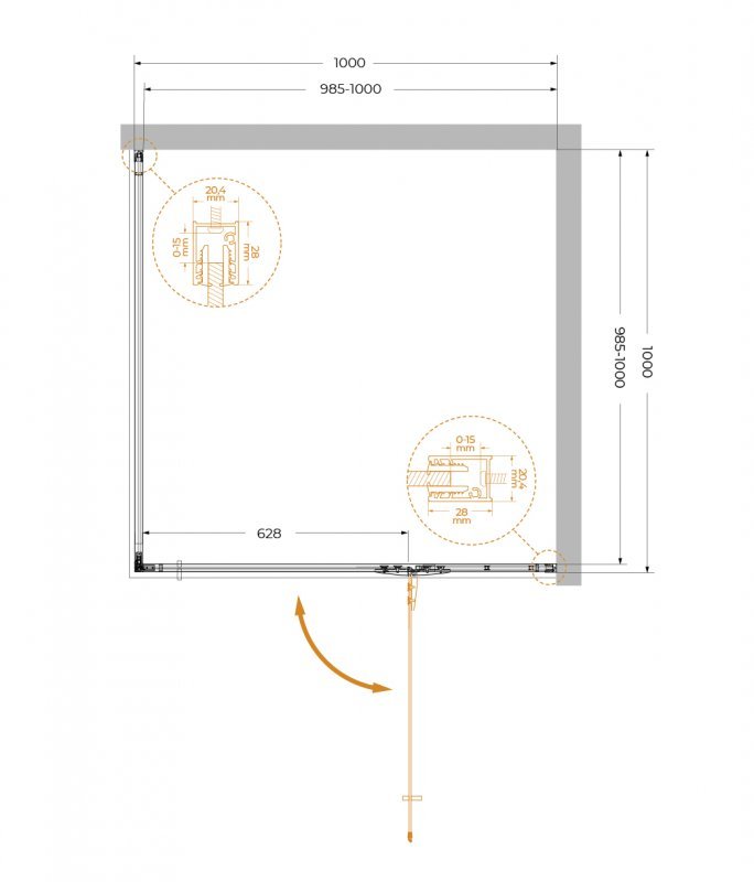 LINER-A-1-100-C-Cr-L Душевой уголок, Условный размер, мм:1000x1000x1950 Габариты с диапазоном регулировок, мм:(985-1000)x(985-1000)x1950 