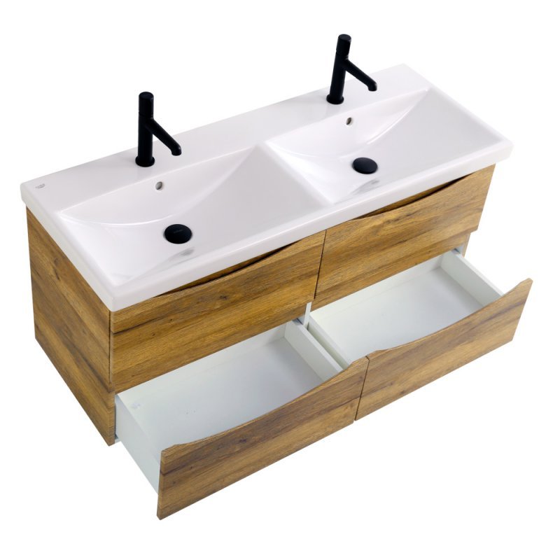 Тумба с раковиной на две чаши четырьмя ящиками подвесная BelBagno MARINO-CER 120 Bianco Lucido , раковина белая