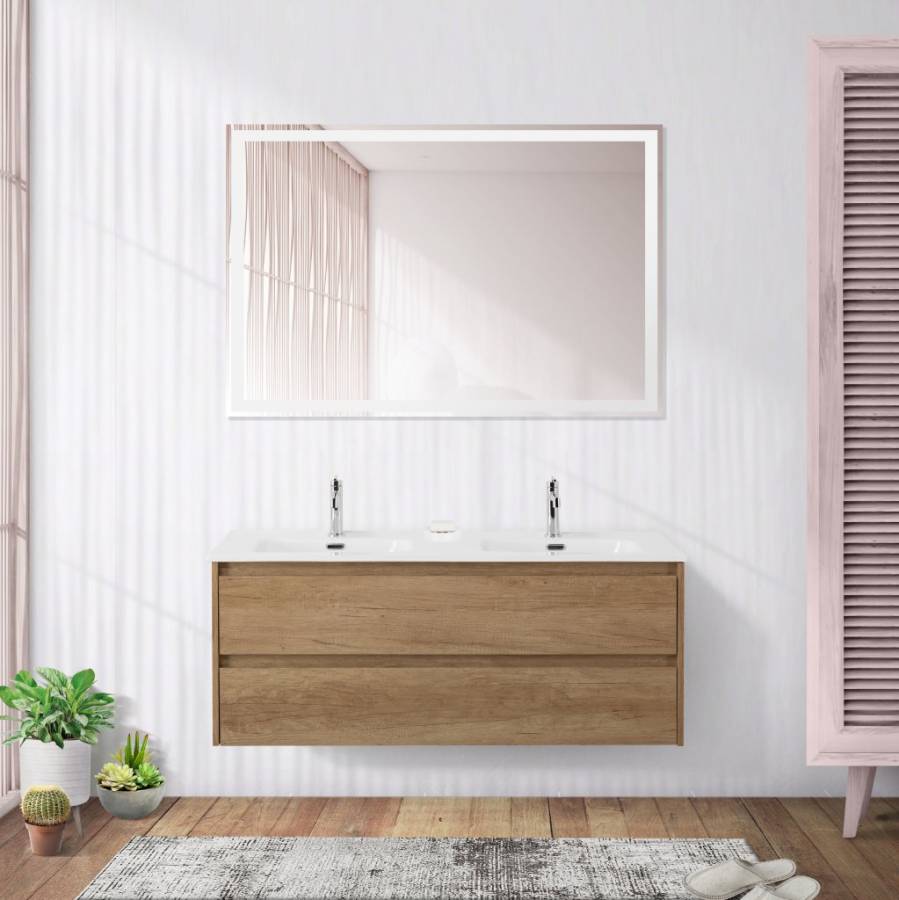 Тумба с раковиной на две чаши подвесная BelBagno KRAFT 120 Rovere Tabacco , раковина белая