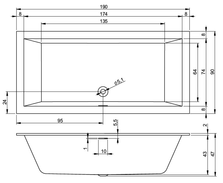 Акриловая ванна  RETHING CUBIC 190x90 R PULG&PLAY RIHO FALL