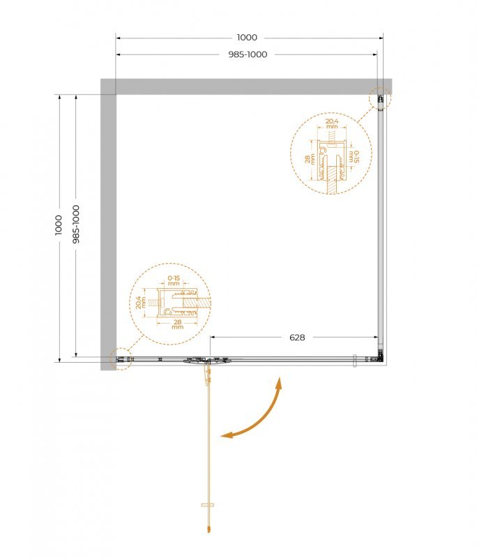 LINER-A-1-100-C-Cr-L Душевой уголок, Условный размер, мм:1000x1000x1950 Габариты с диапазоном регулировок, мм:(985-1000)x(985-1000)x1950 