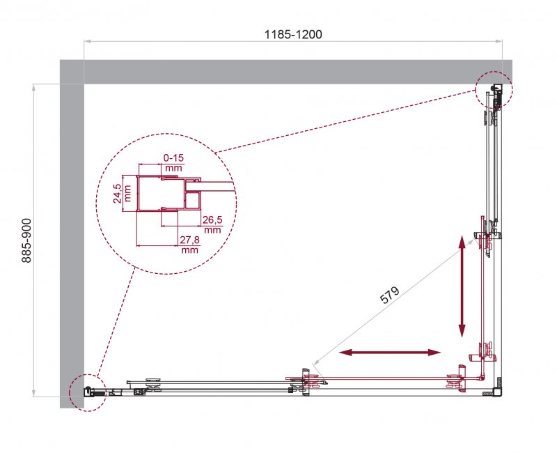 LUCE-AH-2-120/90-C-Cr Душевой уголок, Условный размер, мм:1200x900x1950 Габариты с диапазоном регулировок, мм:(1185-1200)x(885-900) 