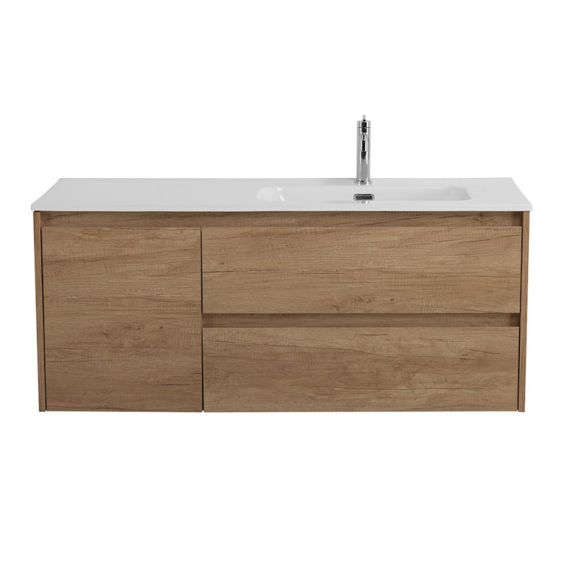 Тумба с раковиной подвесная с двумя ящиками и одной дверцей BelBagno KRAFT 120 Rovere Tabacco левая, раковина белая